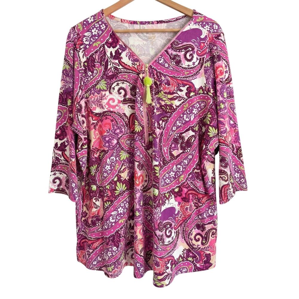 Belle by Kim Gravel Womens 1X Boho Artsy Colorful Pink‎ Paisley V-Neck Tunic Top